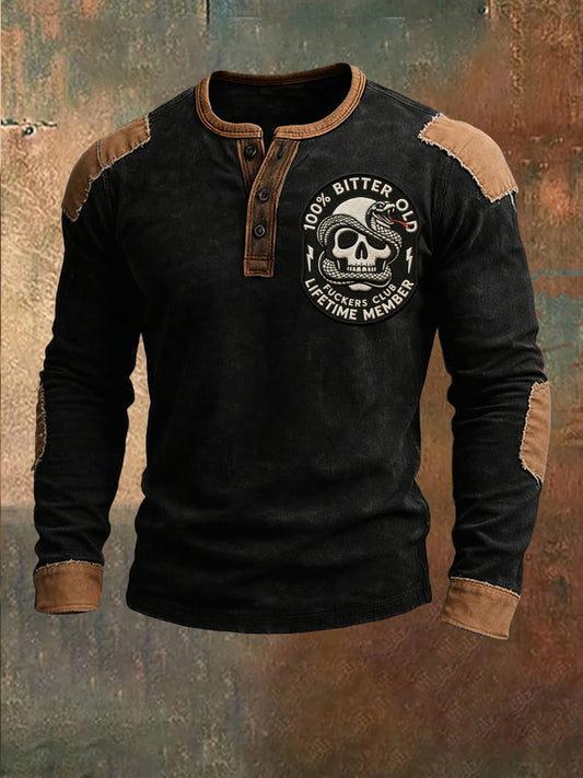 Retro Old Fuckers Club Skull Patchwork Casual Henley Shirt