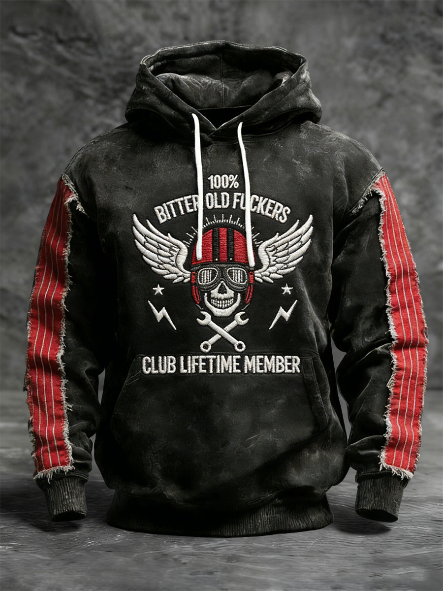 Retro Old Fuckers Club Skull Patchwork Casual Hoodie