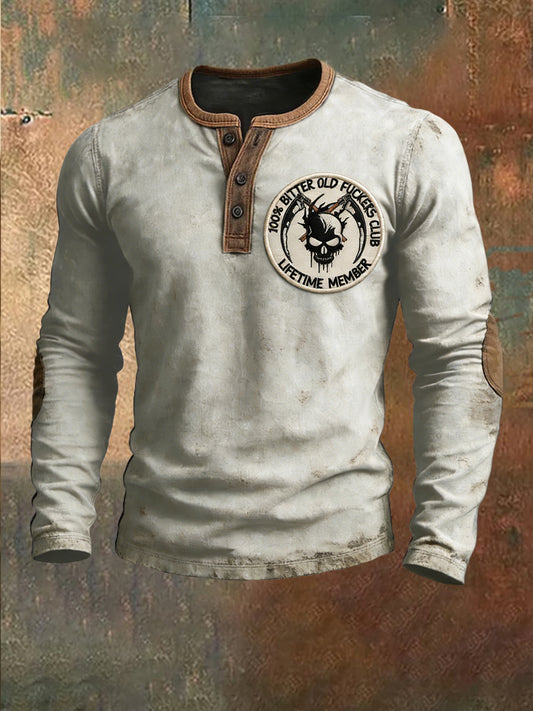 Retro Skull Old Fuckers Club Patchwork Casual Henley Shirt
