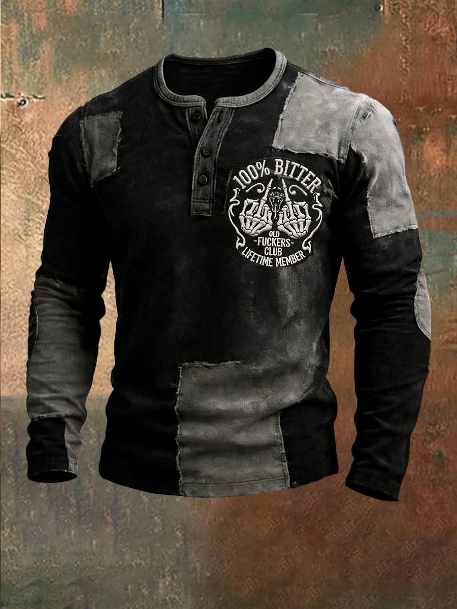 Retro Old Fuckers Club Skull Irregular Patchwork Casual Henley Shirt