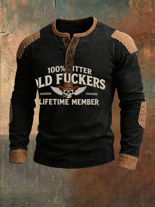 Retro Patchwork Old Fuckers Club Skull Casual Henley Shirt