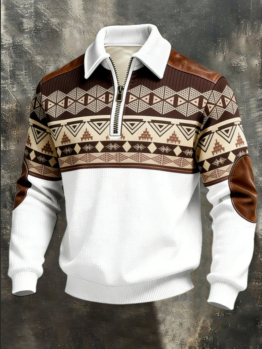 Men's Rustic Brown Tribal Pattern Leather-Accent Quarter-Zip Sweatshirt