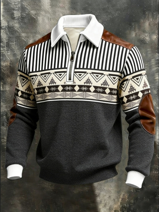 Men's Sleek Black-White Striped Tribal Quarter-Zip Sweatshirt