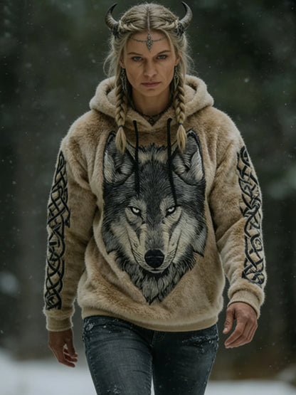 Women's Viking Celtic Wolf Pattern Art Casual  Flannel Hoodie