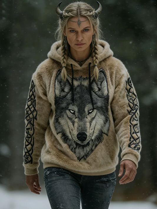 Women's Viking Celtic Wolf Pattern Art Casual  Flannel Hoodie