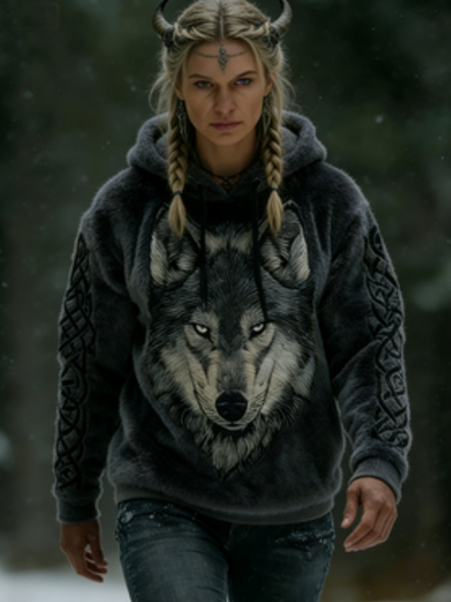 Women's Viking Celtic Wolf Pattern Art Casual  Flannel Hoodie