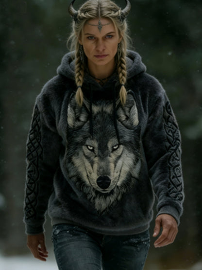 Women's Viking Celtic Wolf Pattern Art Casual  Flannel Hoodie