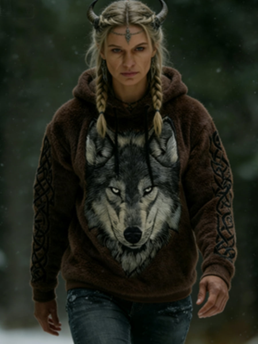 Women's Viking Celtic Wolf Pattern Art Casual  Flannel Hoodie
