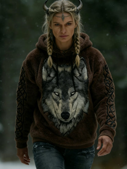 Women's Viking Celtic Wolf Pattern Art Casual  Flannel Hoodie