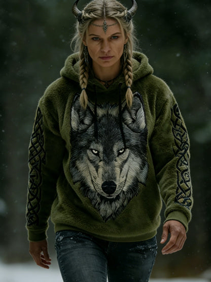 Women's Viking Celtic Wolf Pattern Art Casual  Flannel Hoodie