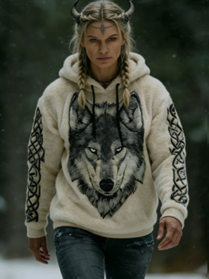 Women's Viking Celtic Wolf Pattern Art Casual  Flannel Hoodie