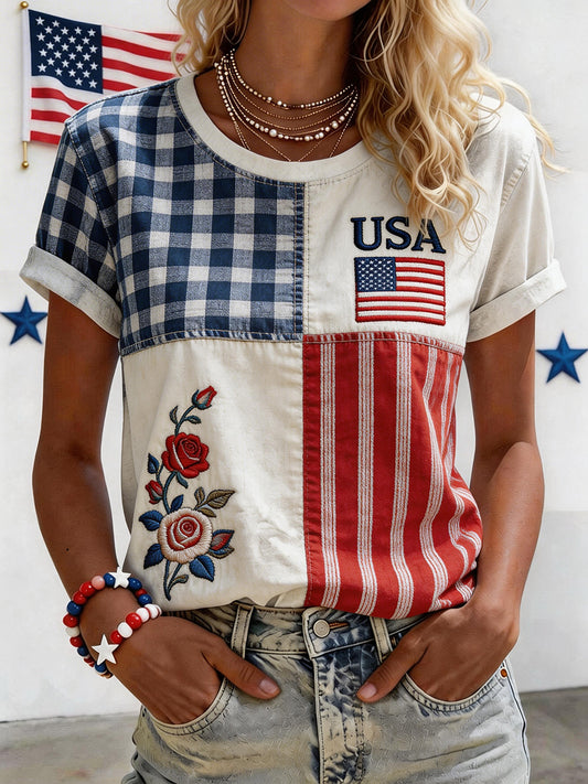 Women's USA Inspired Floral Embroidery Pattern Linen Blend Shirt