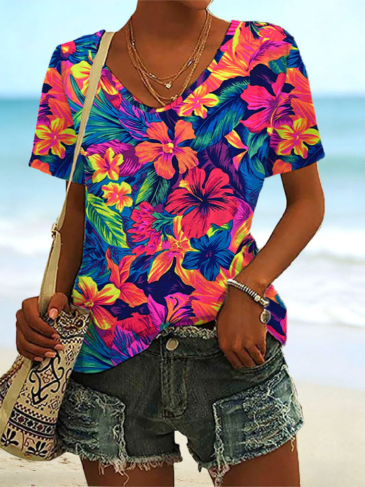 Women's Hibiscus Print Casual T-Shirt