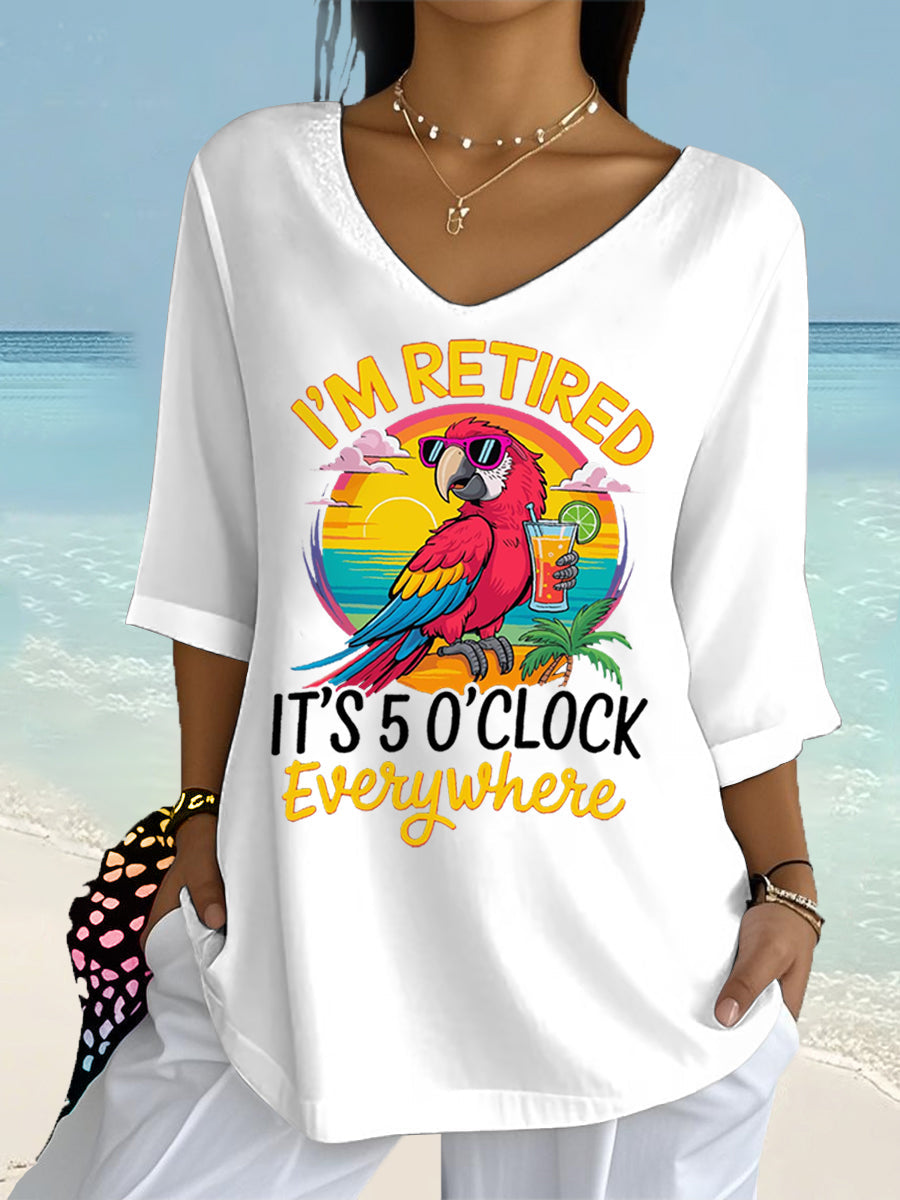 Women's I'm Retired It's 5 O'clock Everywhere Parrot Print Casual Half-Sleeve Top