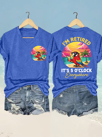 Women's  I'm Retired It's 5 O'clock Everywhere Parrot Print Casual V-Neck Tee