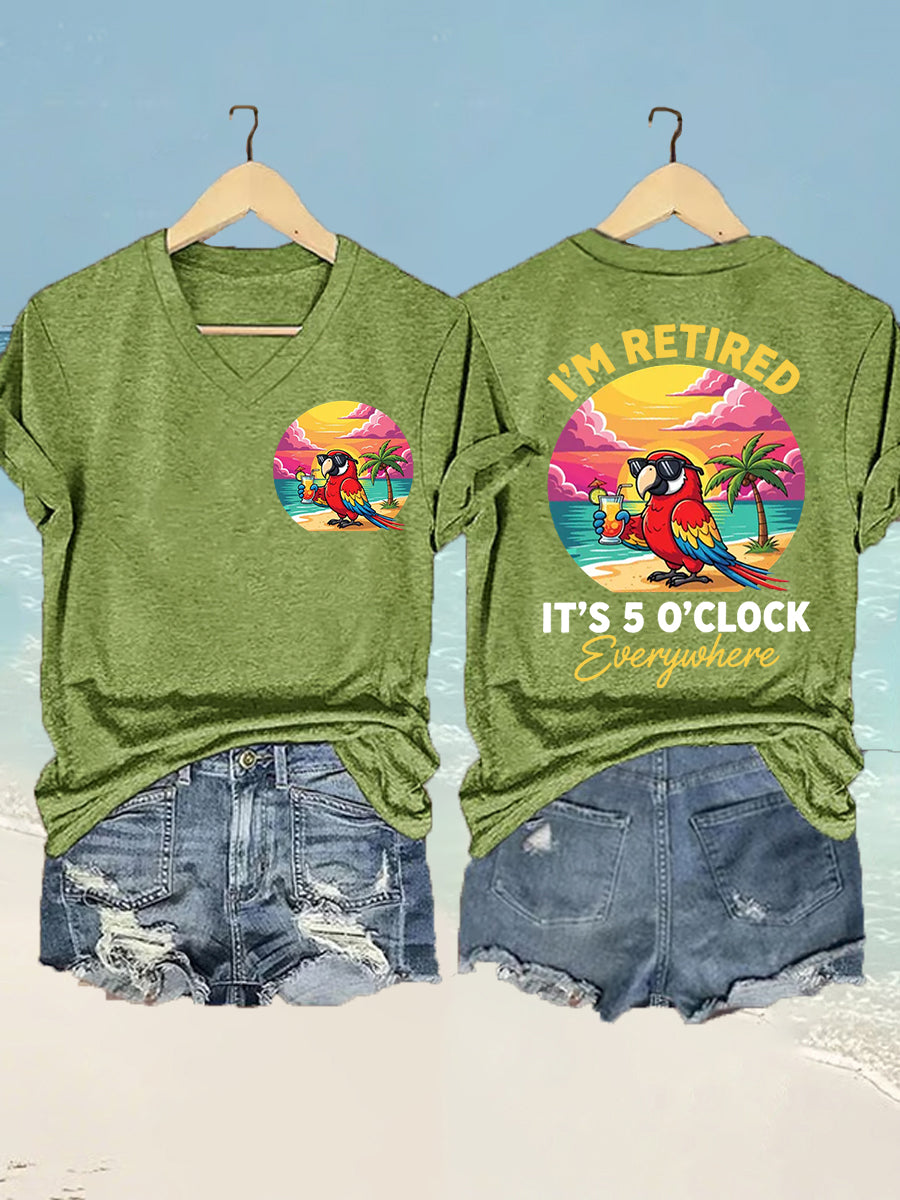 Women's  I'm Retired It's 5 O'clock Everywhere Parrot Print Casual V-Neck Tee