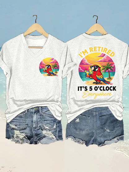Women's  I'm Retired It's 5 O'clock Everywhere Parrot Print Casual V-Neck Tee