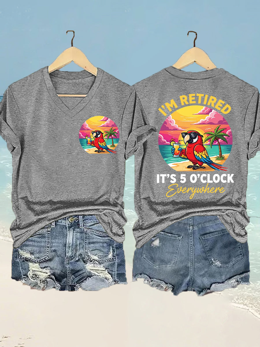 Women's  I'm Retired It's 5 O'clock Everywhere Parrot Print Casual V-Neck Tee