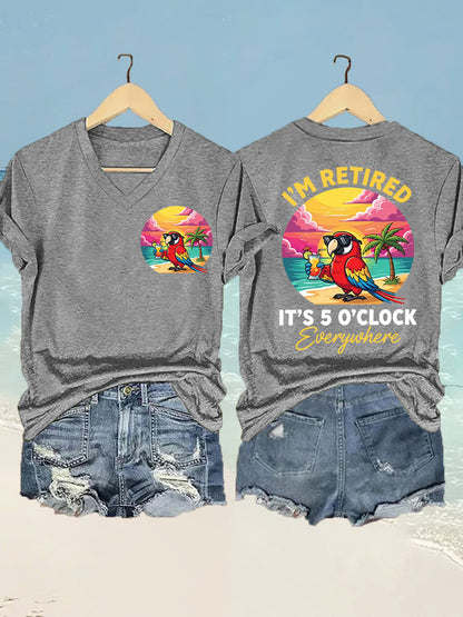 Women's  I'm Retired It's 5 O'clock Everywhere Parrot Print Casual V-Neck Tee