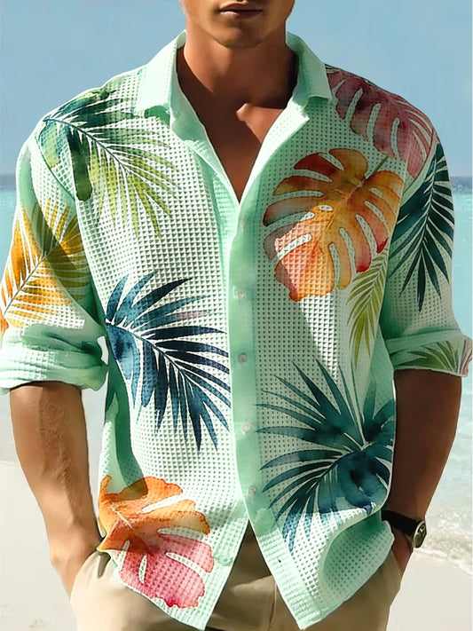 Men's Hawaiian-Style Abstract Palm Leaf Waffle-Weave Shirt