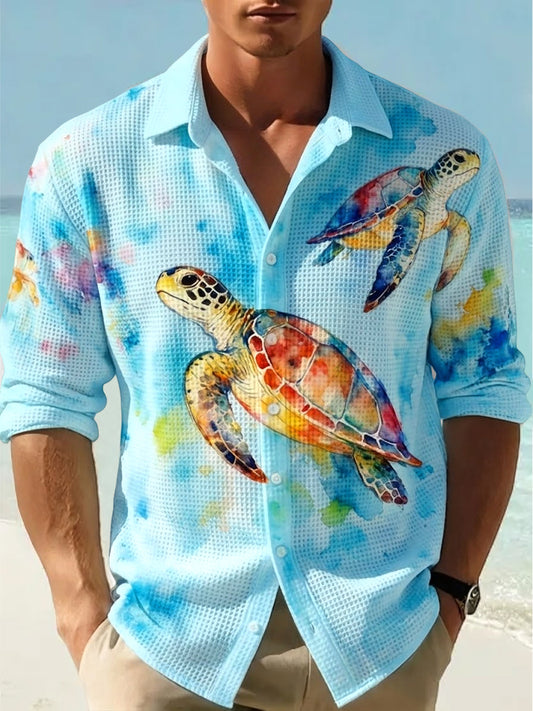Men's Hawaiian-Style Abstract Sea Turtle Art Waffle-Weave Shirt