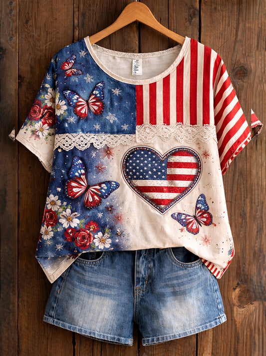 Women's Retro American Floral Patchwork Print Casual T-shirt
