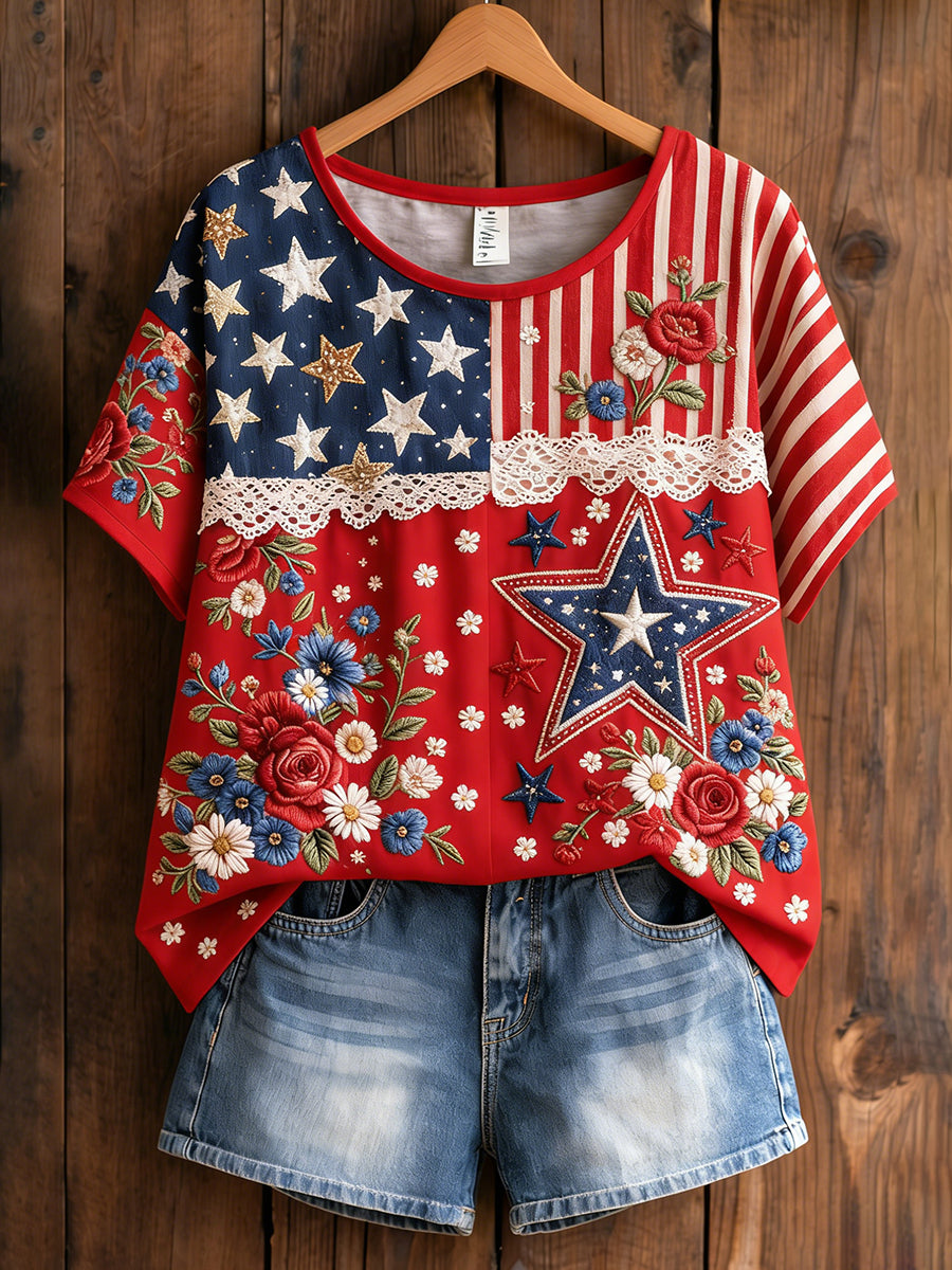 Women's Retro American Floral Patchwork Print Casual T-shirt