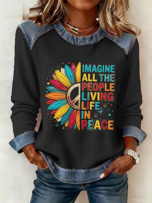 Women's Imagine All The People Living Life In Peace Print Denim Patchwork Top