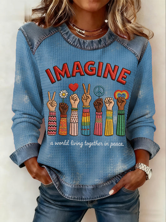 Women's Imagine All The People Living Life In Peace Print Denim Patchwork Top