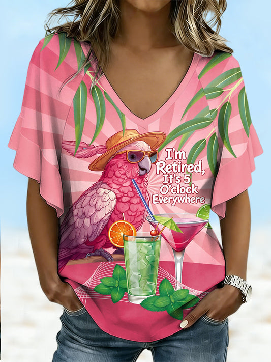Women's It‘s 5 O'clock Everywhere Parrot Print Casual Ruffle Sleeve Tee