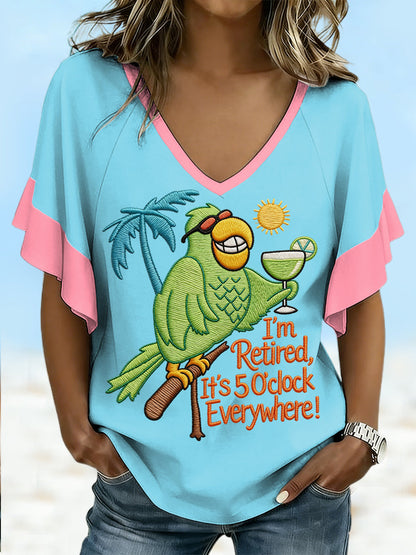 Women's I'm Retired, It's 5 O'clock Everywhere Parrot Print Casual Ruffle Sleeve V-Neck Tee
