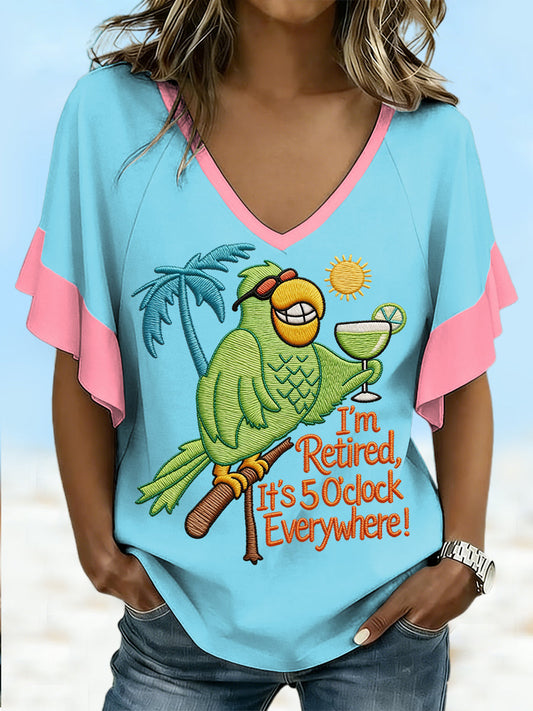 Women's I'm Retired, It's 5 O'clock Everywhere Parrot Print Casual Ruffle Sleeve V-Neck Tee