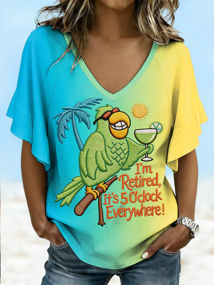Women's I'm Retired, It's 5 O'clock Everywhere Parrot Print Casual Ruffle Sleeve V-Neck Tee