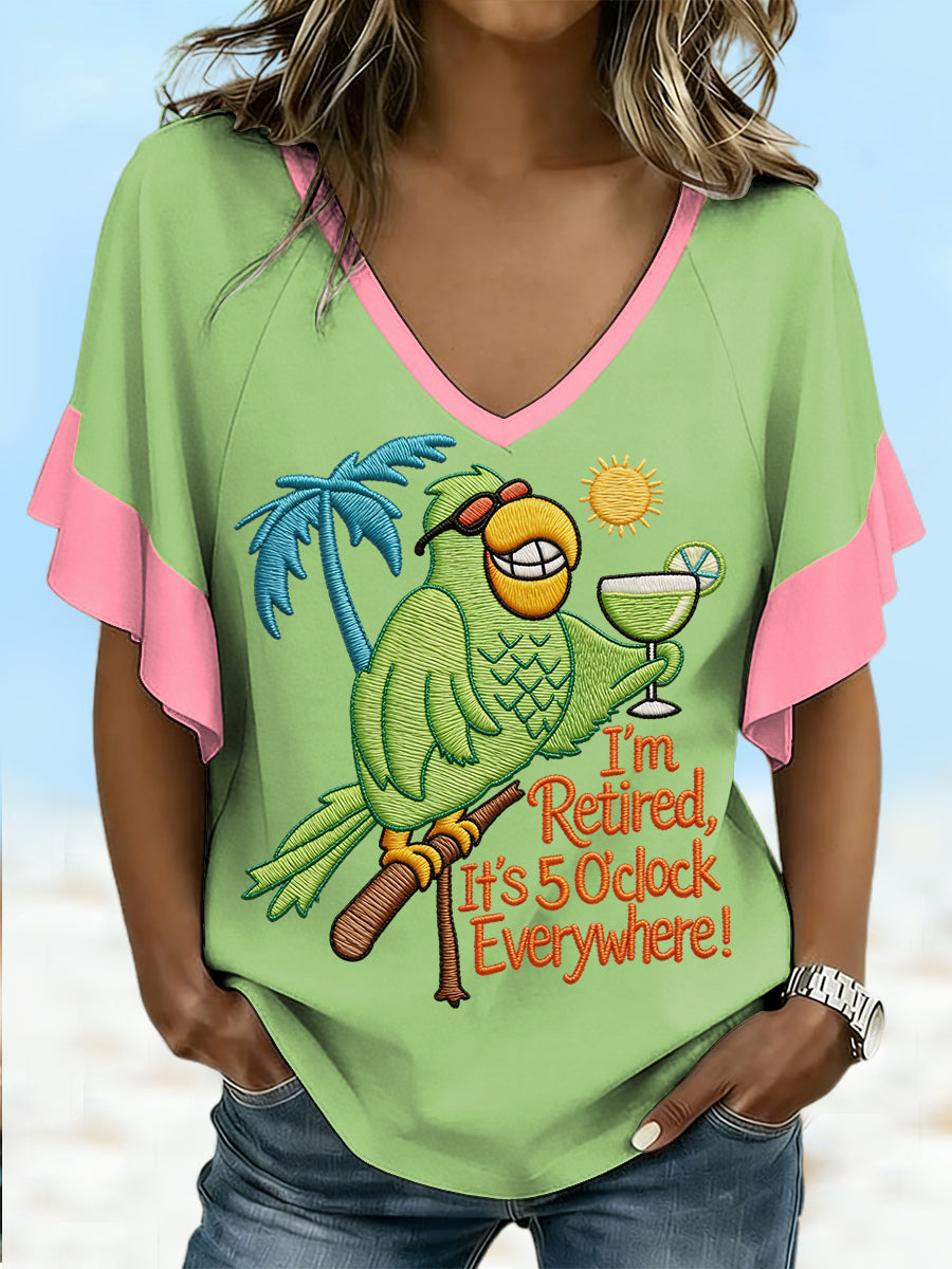 Women's I'm Retired, It's 5 O'clock Everywhere Parrot Print Casual Ruffle Sleeve V-Neck Tee