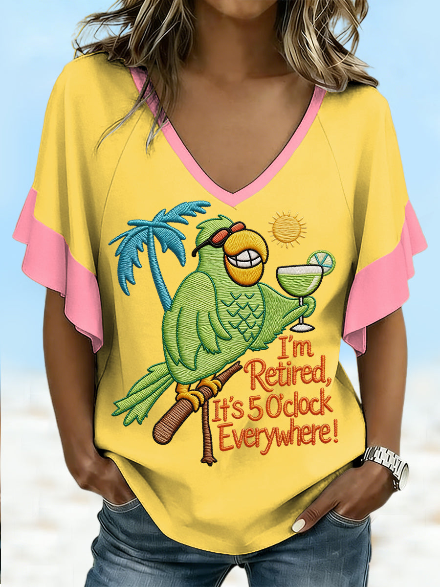 Women's I'm Retired, It's 5 O'clock Everywhere Parrot Print Casual Ruffle Sleeve V-Neck Tee