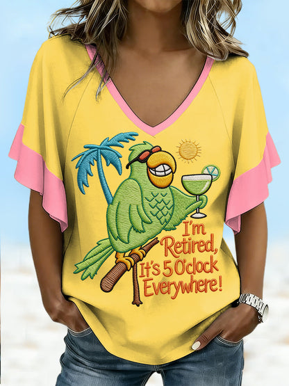 Women's I'm Retired, It's 5 O'clock Everywhere Parrot Print Casual Ruffle Sleeve V-Neck Tee