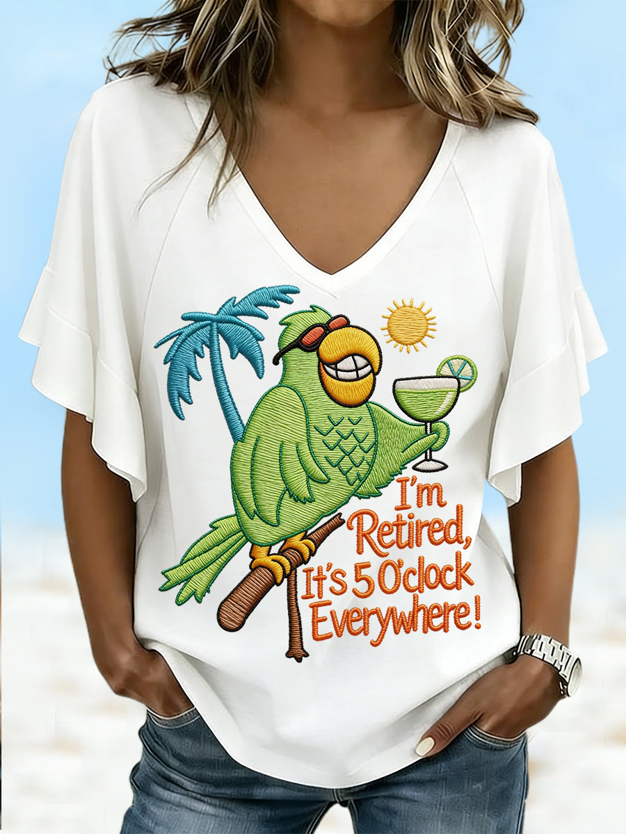 Women's I'm Retired, It's 5 O'clock Everywhere Parrot Print Casual Ruffle Sleeve V-Neck Tee