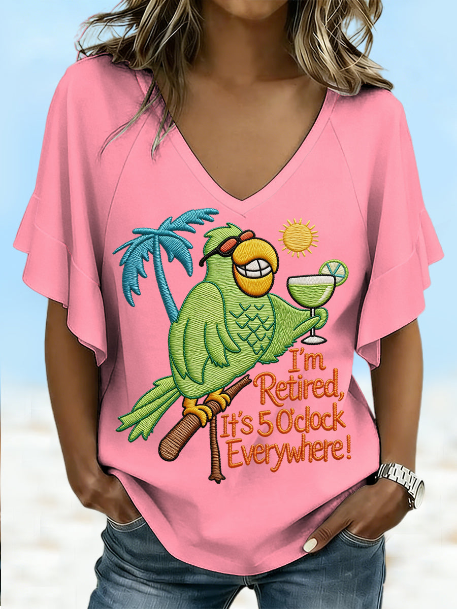 Women's I'm Retired, It's 5 O'clock Everywhere Parrot Print Casual Ruffle Sleeve V-Neck Tee