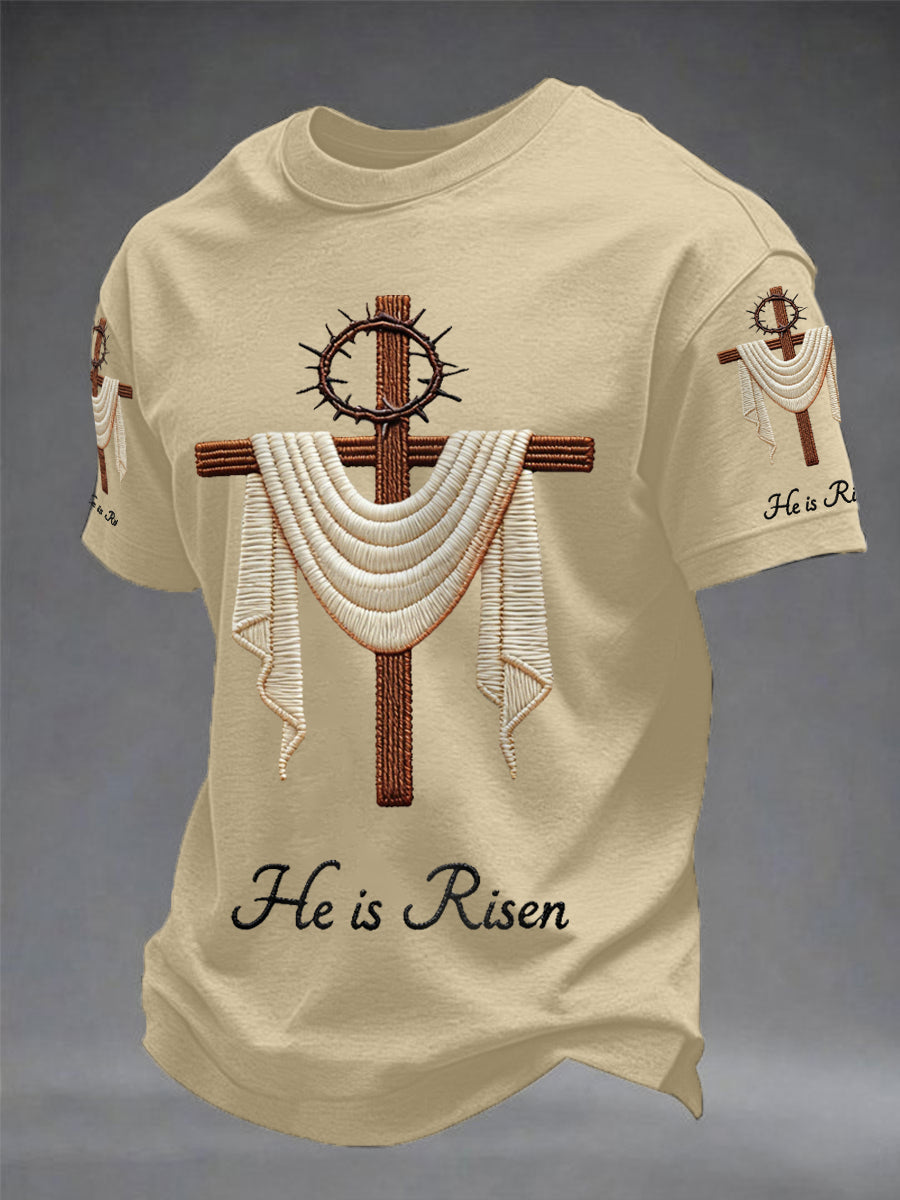 Men's He Is Risen Easter Jesus Christian Cross Print Casual Tee