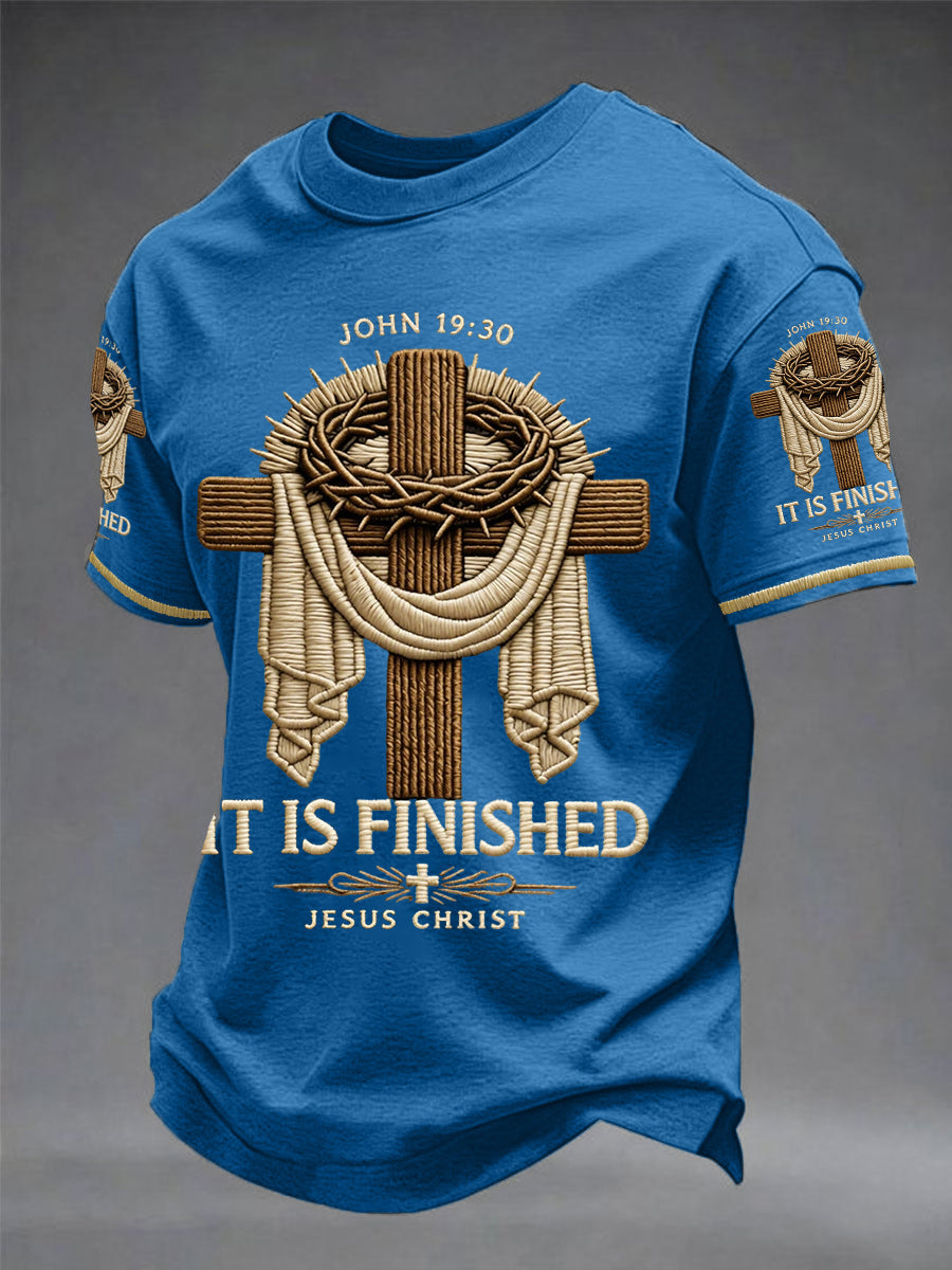 Men's He Is Risen It’s Finished Easter Jesus Christian Cross Print Casual Tee