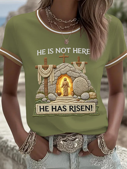 Women's He Is Not Here He Has Risen! Jesus Christian Cross Print Casual Tee