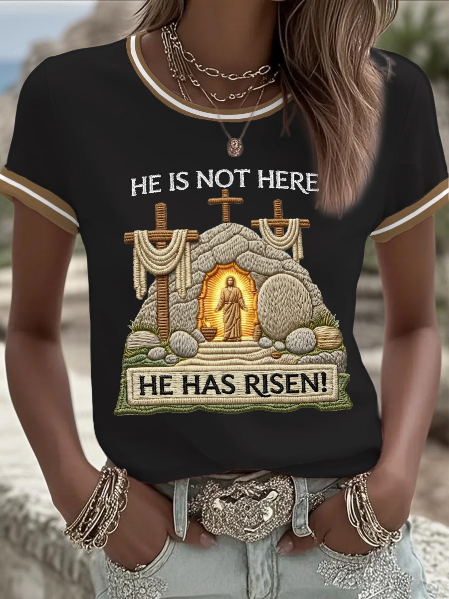 Women's He Is Not Here He Has Risen! Jesus Christian Cross Print Casual Tee