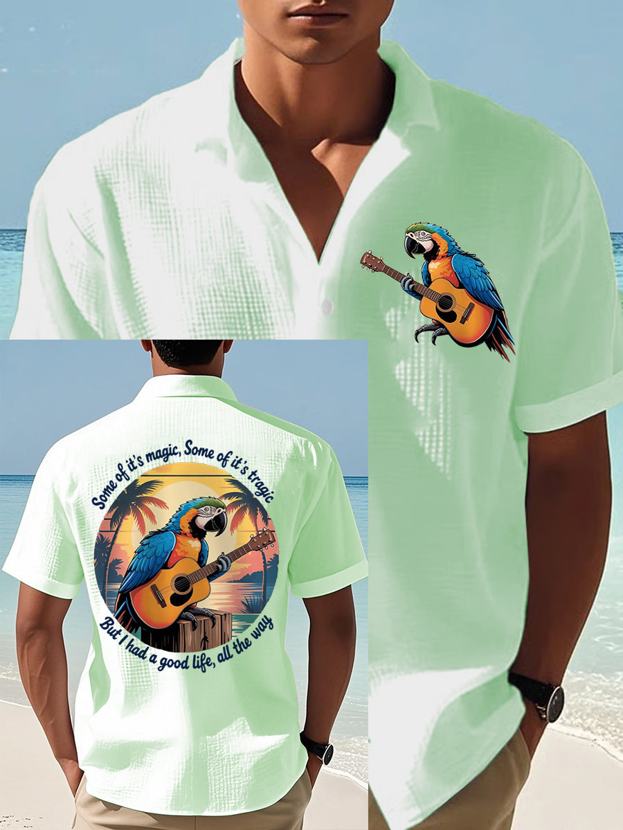 Men's  Some Of It’s Magic Some of It’s Tragic, But I Had A Good Life,All The Way Parrot Guitar Print Casual Waffle Short-Sleeve Shirt