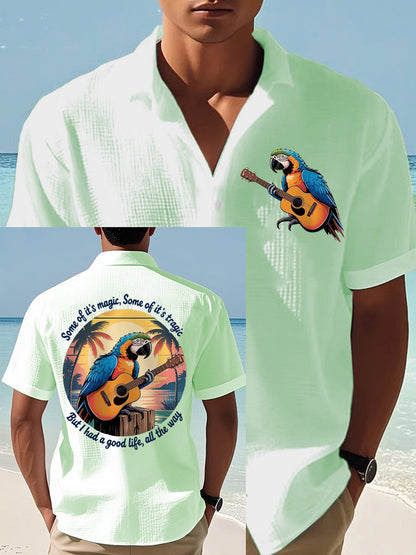 Men's  Some Of It’s Magic Some of It’s Tragic, But I Had A Good Life,All The Way Parrot Guitar Print Casual Waffle Short-Sleeve Shirt