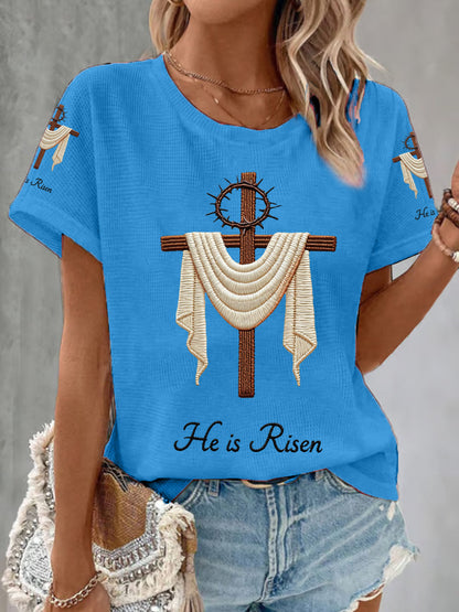 Women's He Is Risen Jesus Christian Cross Print Waffle Tee