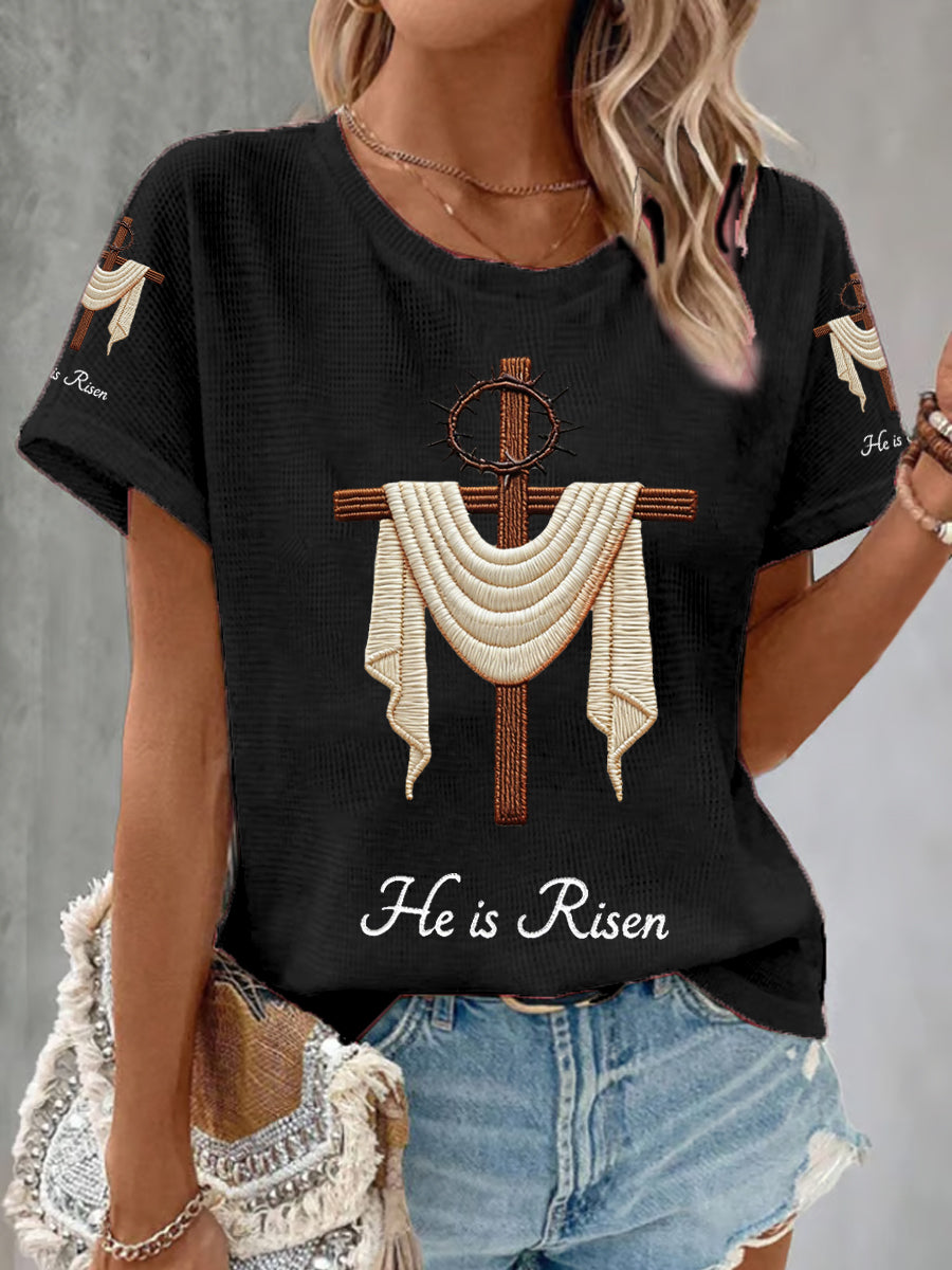 Women's He Is Risen Jesus Christian Cross Print Waffle Tee