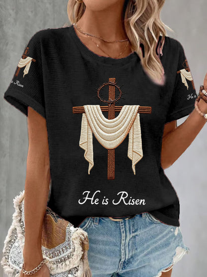 Women's He Is Risen Jesus Christian Cross Print Waffle Tee