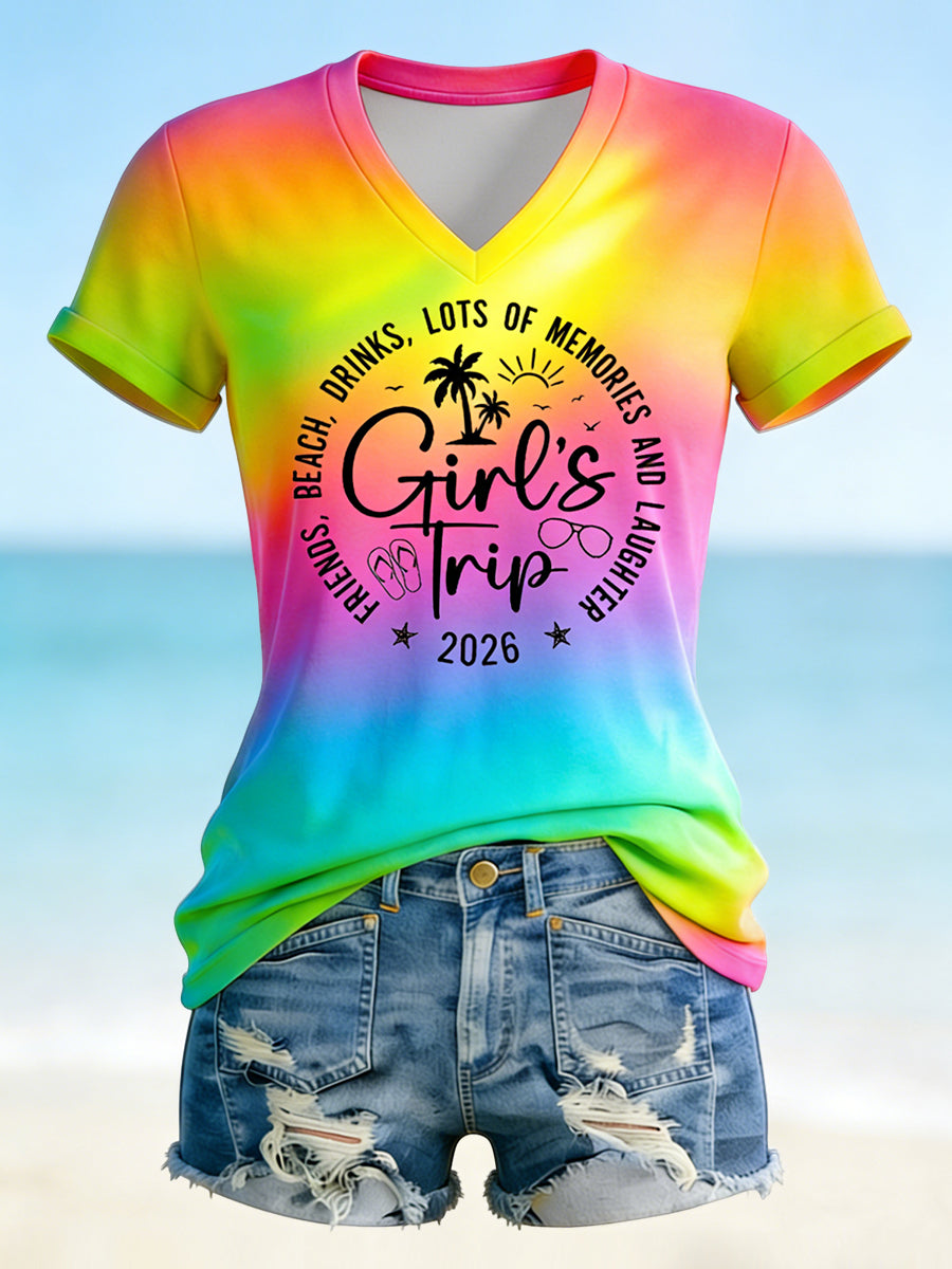 Women's Hawaiian “Girls Trip” Rainbow Casual V-Neck T-Shirt