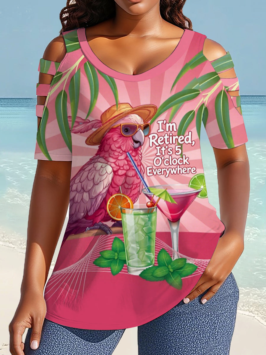Women's I'm Retired, It's 5 O'clock Everywhere Parrot Print Hollow Sleeve Casual Top