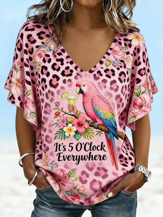 Women's It's 5 O'Clock Everywhere Leopard-Print Floral V-Neck T-Shirt